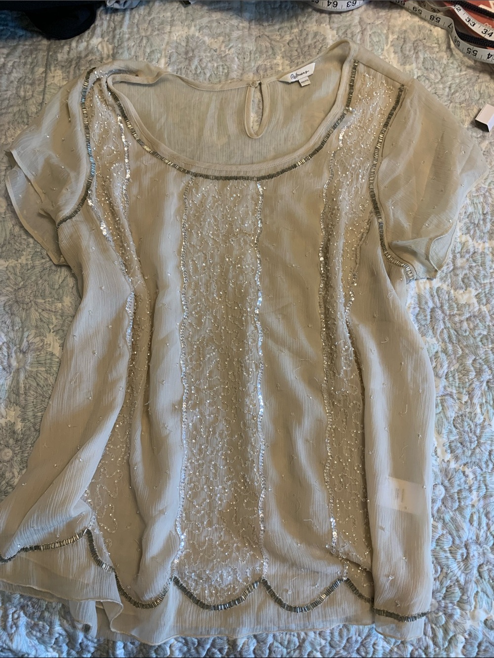 Reitmans Cream Beaded Short-Sleeve Scoop Neck Blouse